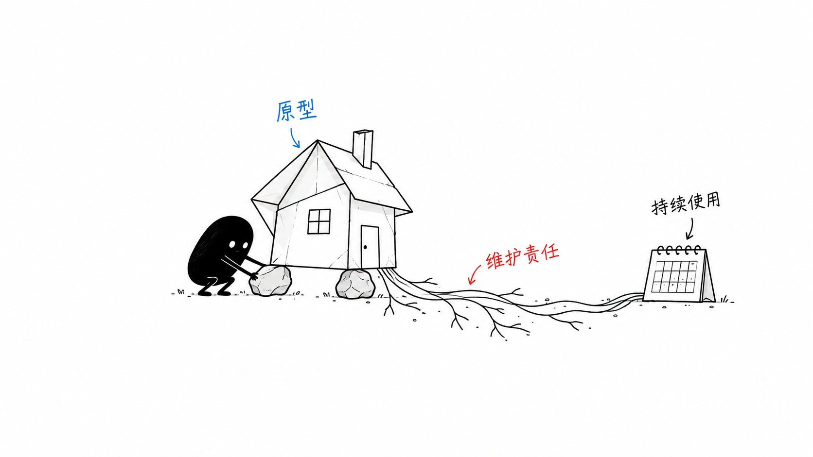 小黑蹲下给一座临时纸房垫上支撑石，房子的根部延伸向一页日历，表示原型寿命延长后维护责任随之增加。