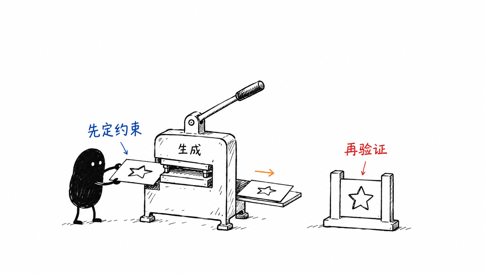 小黑把星形模板送入手摇压机，右侧量规检验结果，表示反馈应尽早进入生成流程。